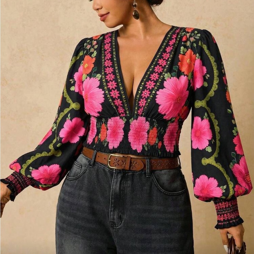 Plus Size Romantic Bohemian Floral Print Long Sleeve Tie Front Blouse Shirt - Picture 12 of 14